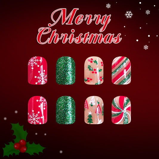 Festive Cheer Short Square Red and Green Glittery Christmas Themed Press On Nail Set