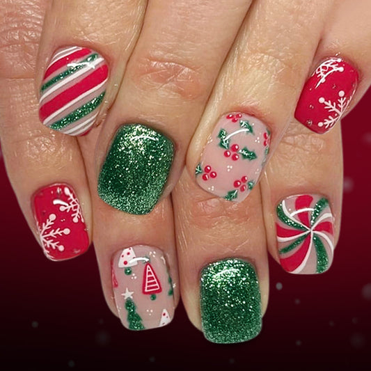 Festive Vibes Short Square Red and Green with Glittering Holiday Designs Nail Set