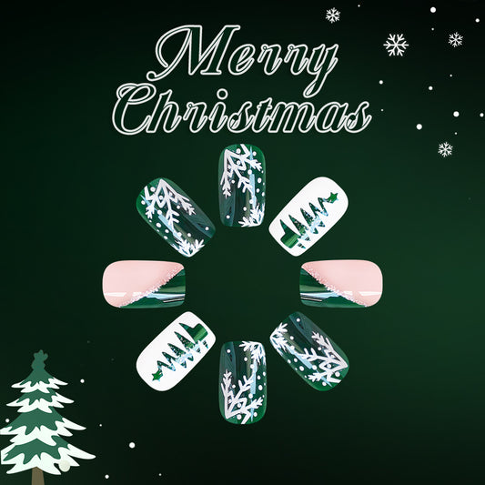 Festive Green Medium Square Press On Nail Set with Winter Wonderland Designs