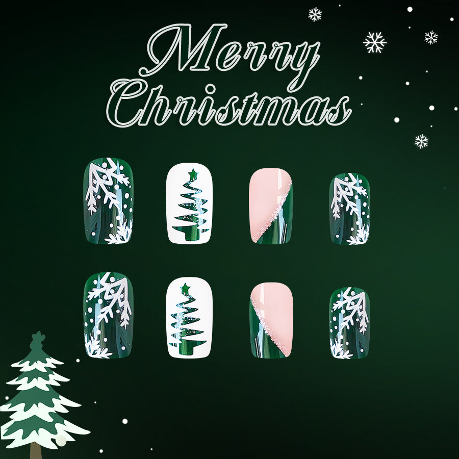 Festive Winter Wonderland Medium Square Green with Unique Christmas Tree Designs Press On Nail Set