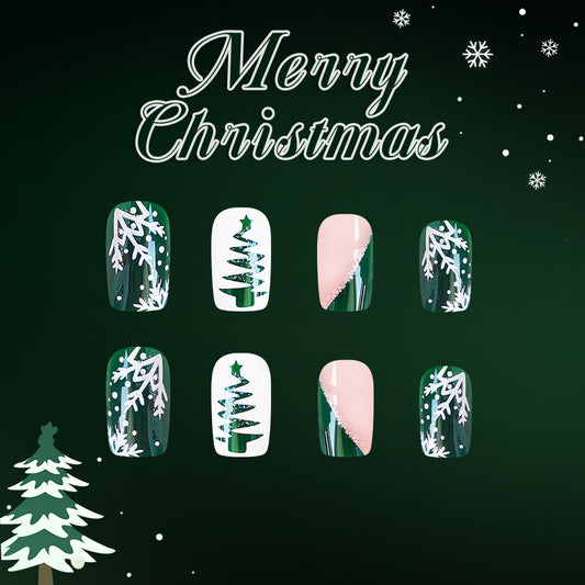 Festive Winter Wonderland Medium Square Green with Unique Christmas Tree Designs Press On Nail Set