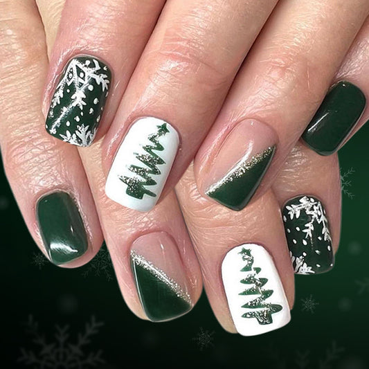 Festive Winter Wonderland Classic Medium Square Green and White with Glittery Christmas Tree Designs Press-On Nail Set