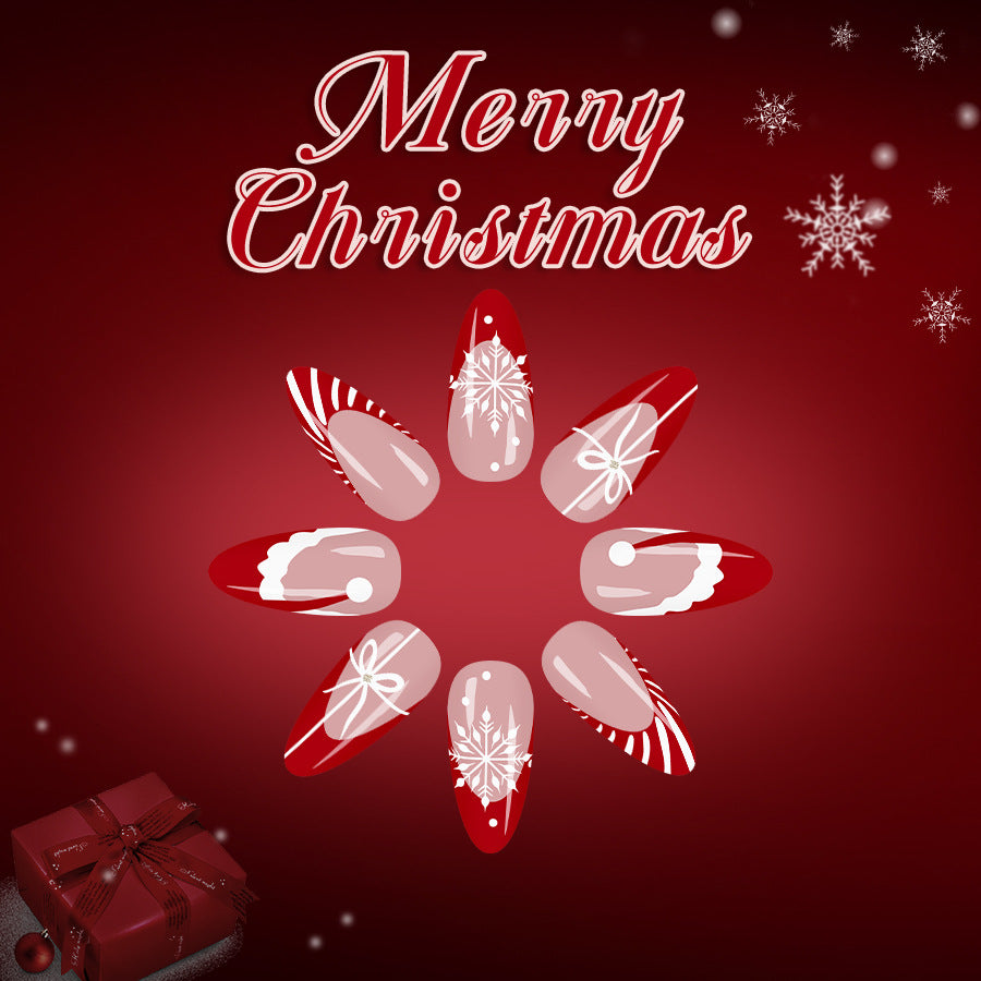 Festive Spirit Long Almond Red and Clear Press On Nail Set with Intricate Holiday Designs