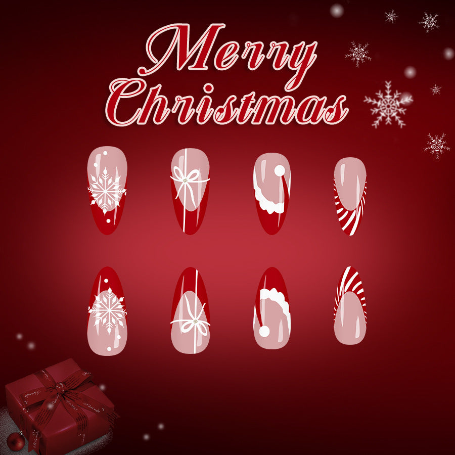 Festive Cheer Long Almond Red with Snowflake and Gift Bow Design Press On Nail Set