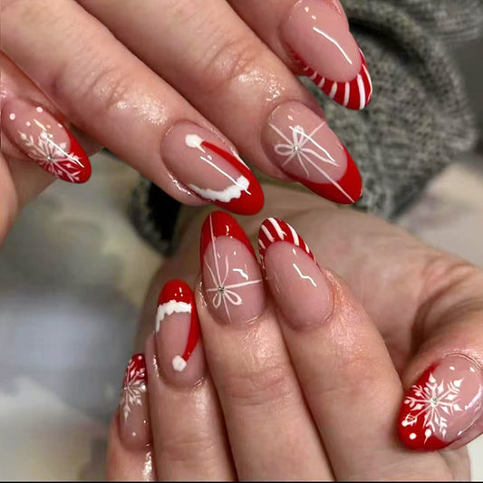 Festive Holiday Glamour Elegant Long Almond Shaped Red Press On Nail Set with Whimsical Snowflake and Ribbon Designs
