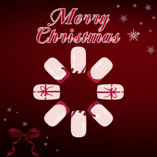 Festive Cheer Long Square Light Pink Nails with Christmas Designs