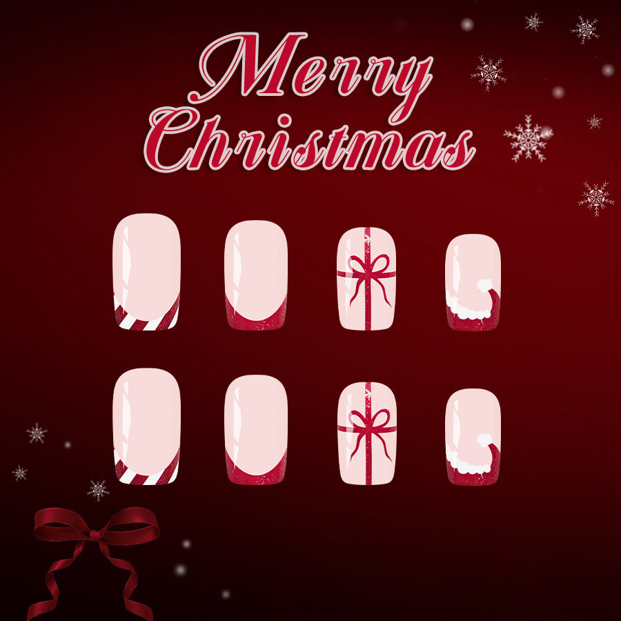 Festive Holiday Long Square Pink and Red with Charming Gift and Candy Cane Design Press On Nail Set