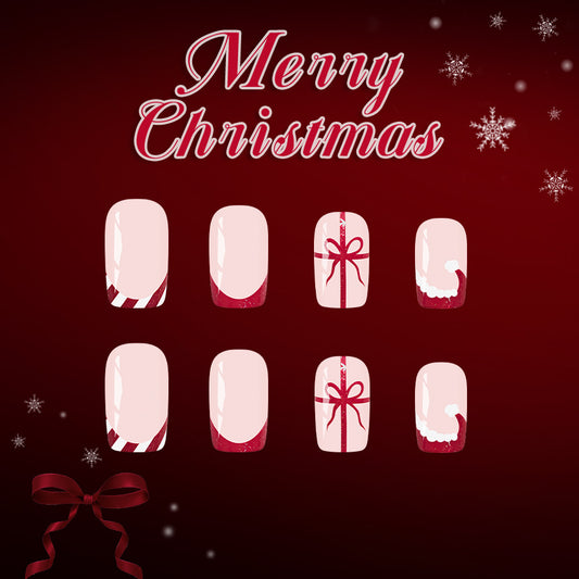 Festive Holiday Long Square Pink and Red with Charming Gift and Candy Cane Design Press On Nail Set