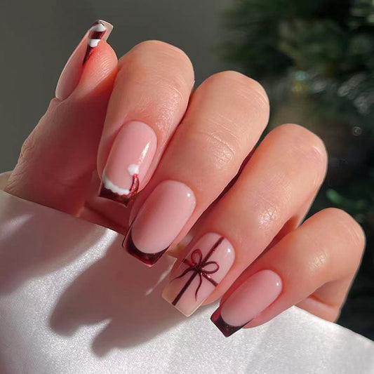 Festive Elegance Long Square Pink with Burgundy Tips and Charming Gift Bow Design Press On Nail Set