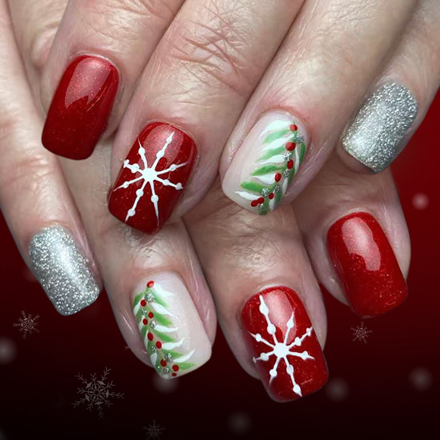 Festive Glamour Red Medium Square Glossy Nail Set with Holiday Snowflake and Glitter Accents