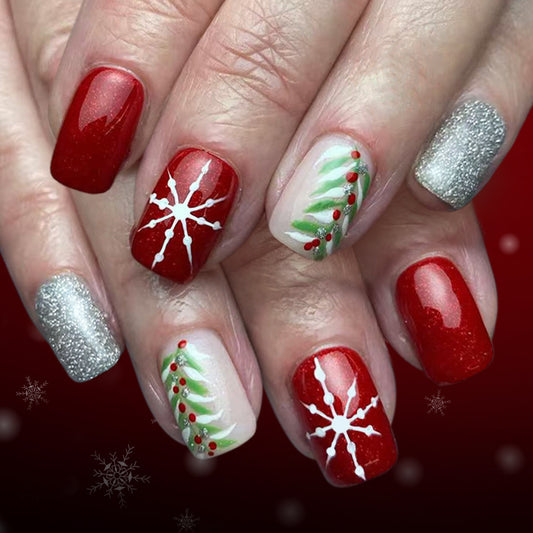 Festive Glamour Red Medium Square Glossy Nail Set with Holiday Snowflake and Glitter Accents