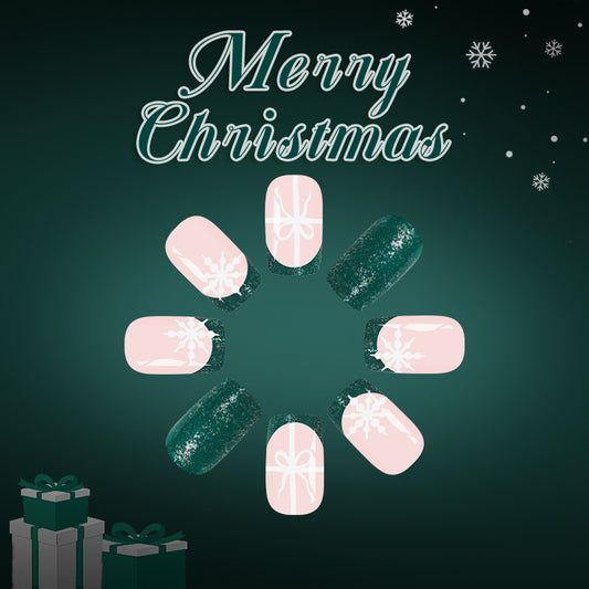 Festive Winter Elegance Medium Square Green and Pink with Delicate Snowflake and Bow Designs Press-On Nail Set