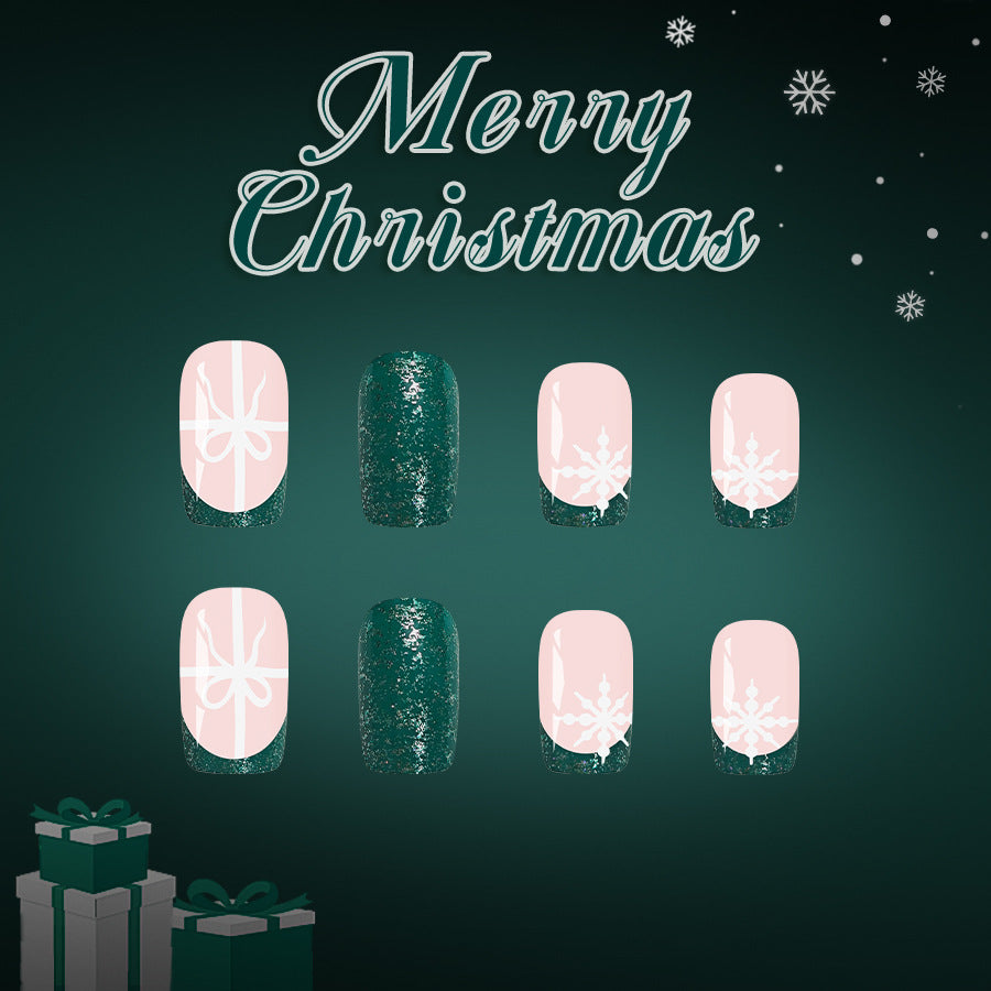 Festive Elegance Green Glitter Medium Square Long Press on Nail Set with Snowflake and Ribbon Designs