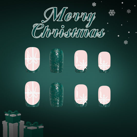 Festive Elegance Green Glitter Medium Square Long Press on Nail Set with Snowflake and Ribbon Designs