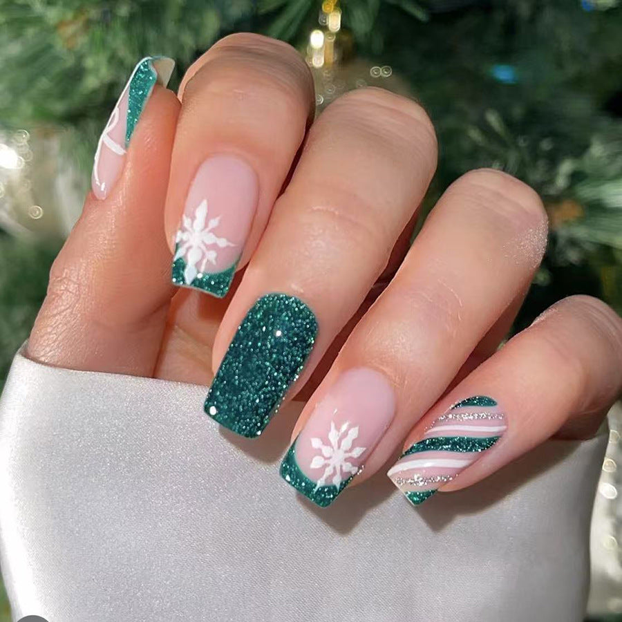 Winter Wonderland Long Square Green Sparkle with Snowflake Design Press on Nail Set