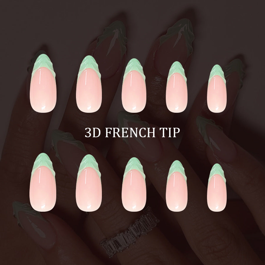 Charming Elegance Long Almond Shaped Pink and Mint Green 3D French Tip Press On Nail Set