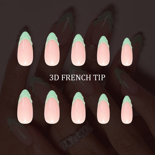 Charming Elegance Long Almond Shaped Pink and Mint Green 3D French Tip Press On Nail Set