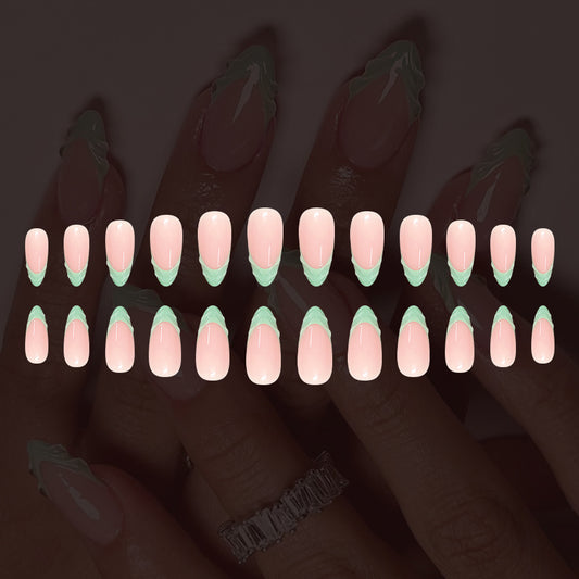 Fresh Berry Delight Long Almond Pink and Mint Ombre Press-On Nail Set with Glossy Finish