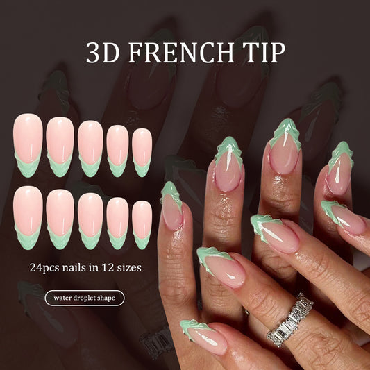 Whimsical Water Dream Long Almond Mint Green Press-On Nails with Shiny Water Droplet Design