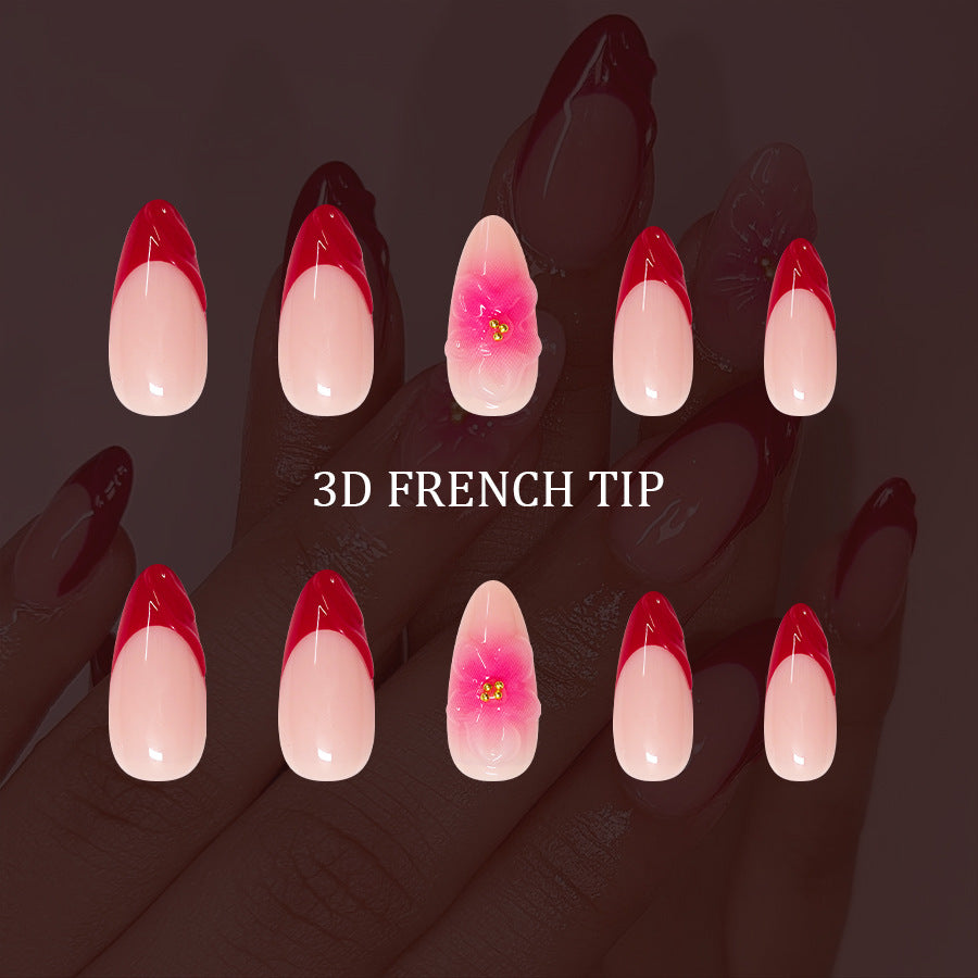 Enchanted Floral Elegance Long Almond Red Ombre with Stunning Three Dimensional Flower Detail Press On Nail Set