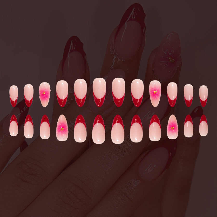 Blossoming Elegance Long Almond Red Gradient Press On Nail Set with Delicate Floral Accent