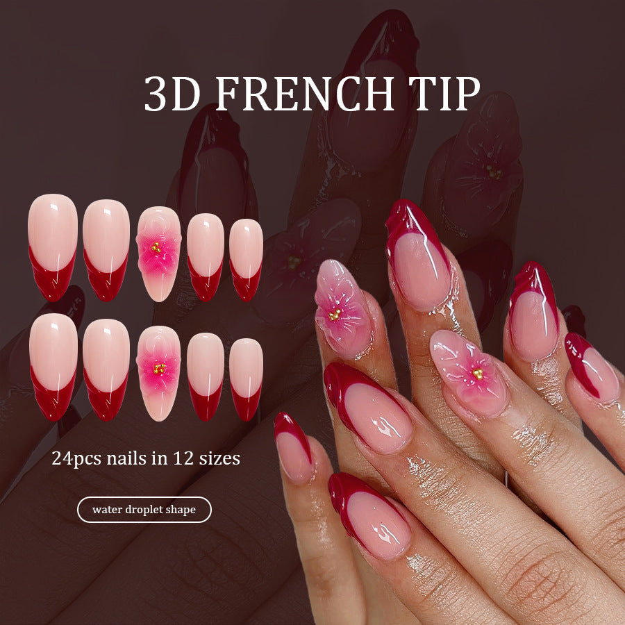 Whimsical Floral Fantasy Long Almond Red and Pink Water Droplet Press On Nail Set
