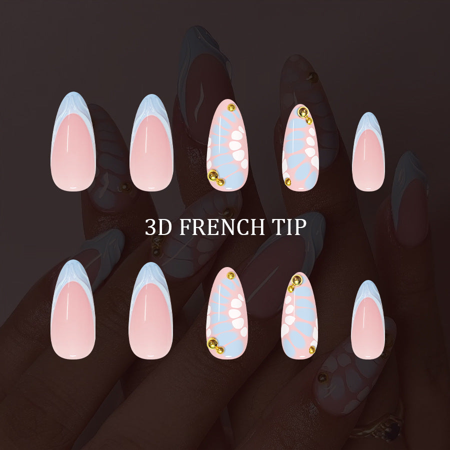 Elegant Enchantment Long Almond Pink and Sky Blue with Sparkling Bead Accents Press-on Nail Set