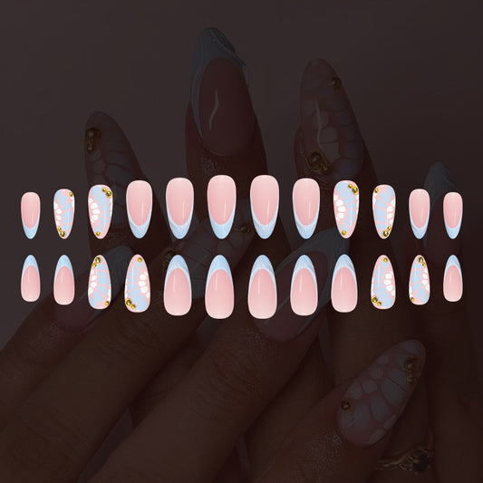 Chic Serenity Elegant Long Almond Pink Blue Gradient Nails with Glimmering Details
