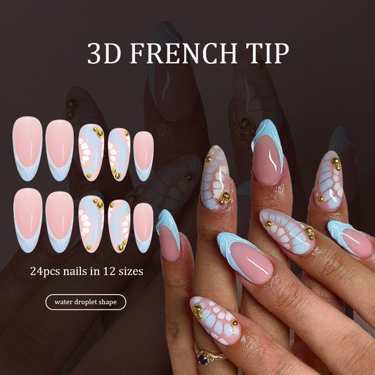 Serene Waters Press-On Nails Long Almond Pink and Blue with Unique Water Droplet Design