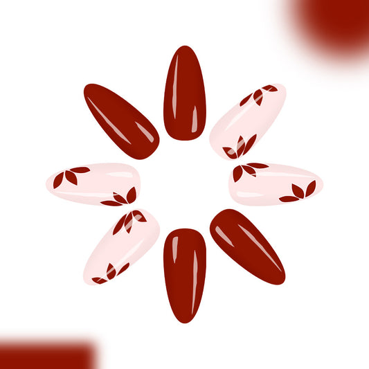 Autumn Charm Long Almond Shaped Burgundy and Blush Press On Nail Set with Elegant Floral Accents