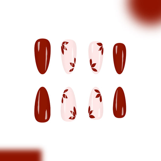 Autumn Elegance Long Almond Burgundy and Soft Pink with Leaf Design Press on Nail Set