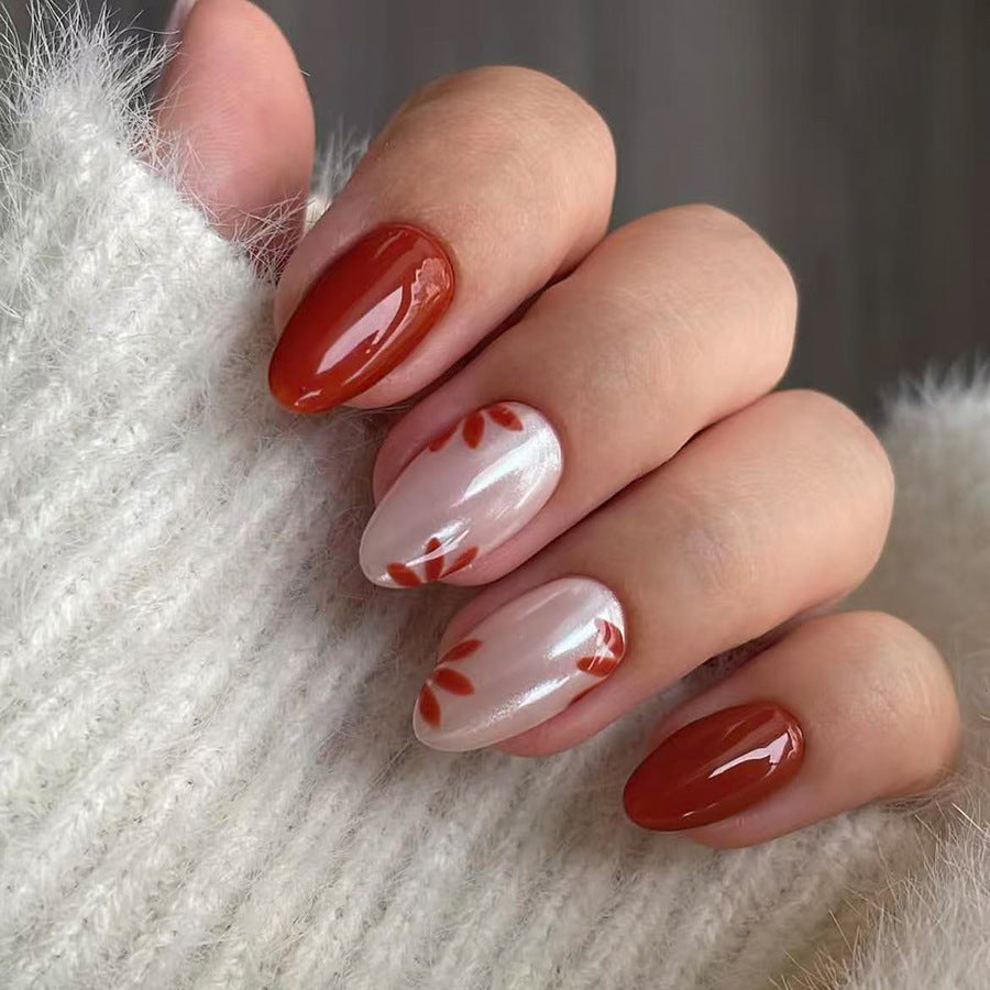 Autumn Elegance Long Almond Red and Soft Pink with Floral Accents Press On Nail Set