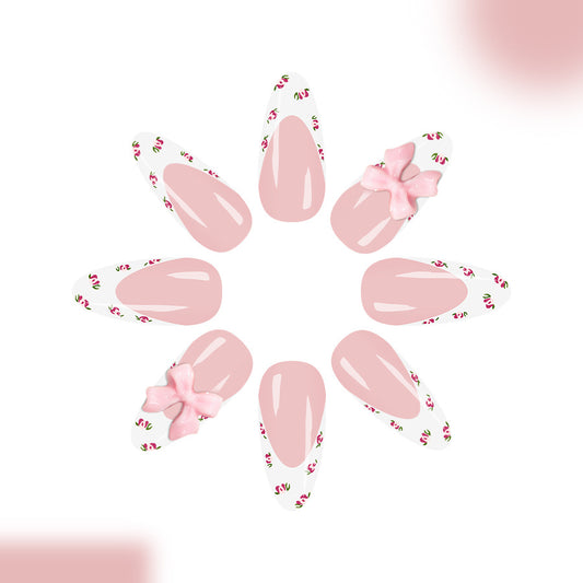 Whimsical Blossom Long Almond Pink Floral Press On Nail Set with Charming Bow Detail