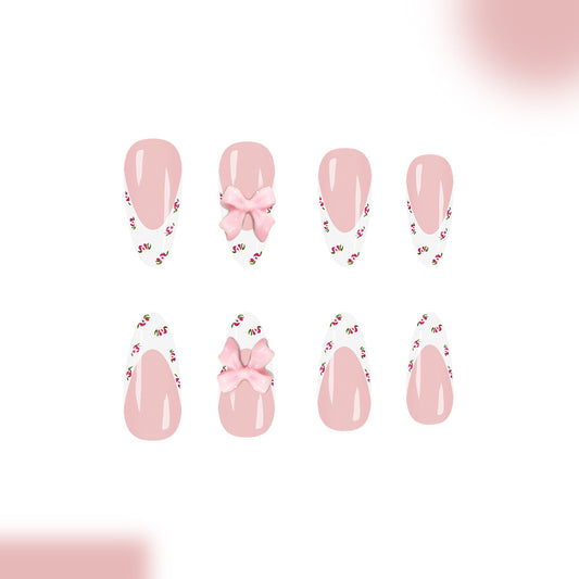 Blossom Beauty Long Almond Pink Press On Nail Set with Charming Bow Accents