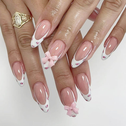 Elegant Blossom Glamour Long Almond Pink and White Press On Nail Set with Beautiful Bow and Floral Accents