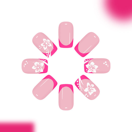 Tropical Blossom Medium Square Pink Nail Set with Floral Art Design