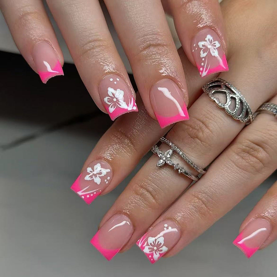 Tropical Bliss Square Medium Pink Press On Nail Set with Floral Accents