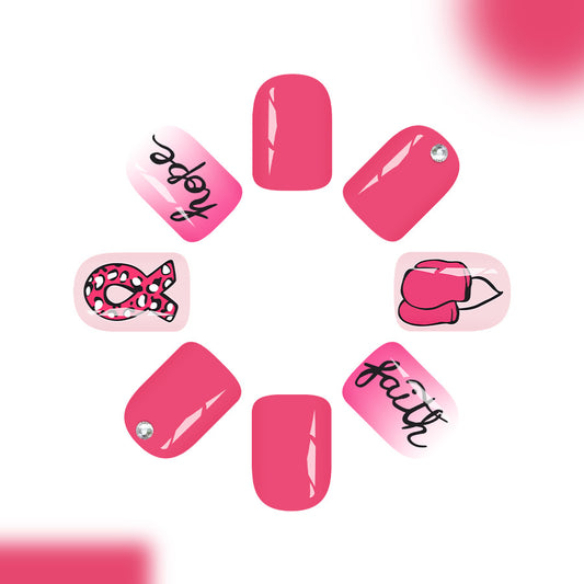 Whimsical Pink Glamour Short Square Length Press On Nail Set with Inspirational Designs and Sparkling Accents