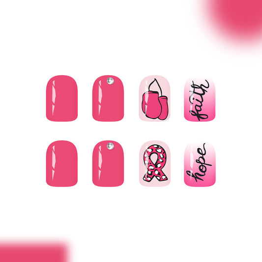 Pink Ribbon Celebration Short Square Glossy Press On Nail Set with Charming Rhinestones and Inspirational Designs