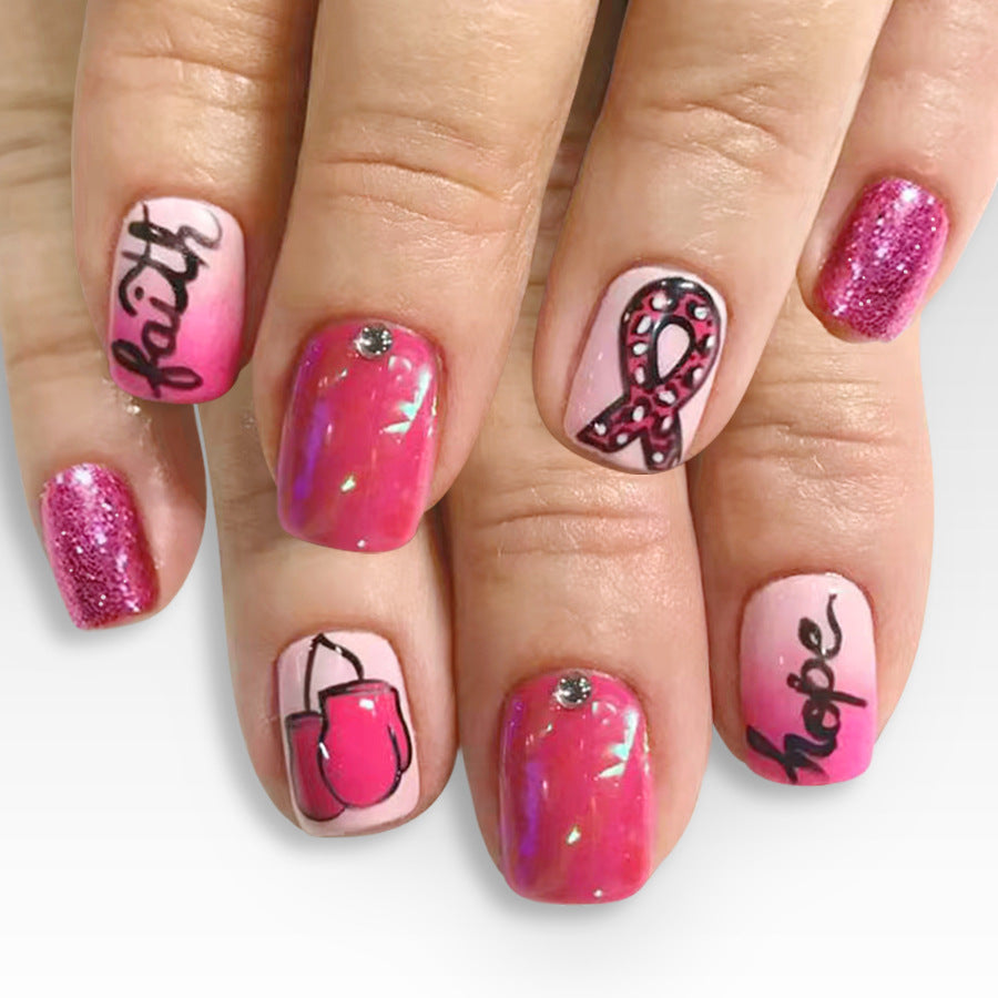 Empowerment Pink Short Square Press On Nail Set with Sparkling Glitter and Inspirational Designs