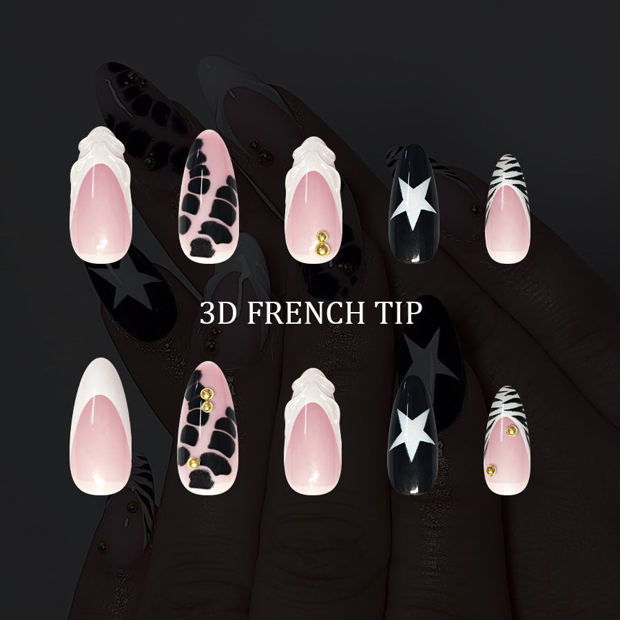 Glamorous Nights Long Almond Pink and Black with Unique Three Dimensional French Tips Nail Set
