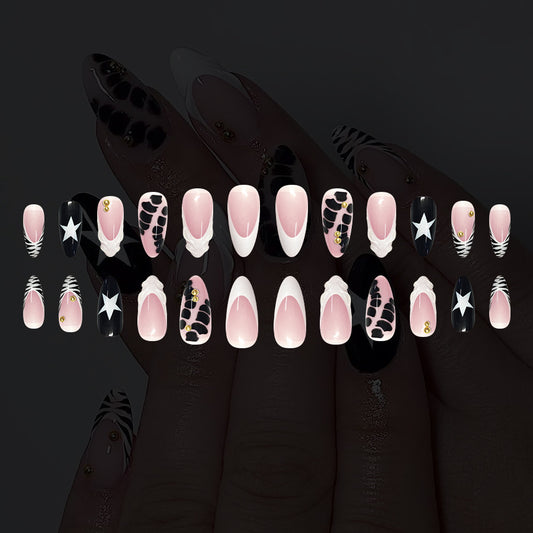 Glamorous Safari Inspired Long Almond Pink and Black Animal Print Press On Nail Set with Star Detailing