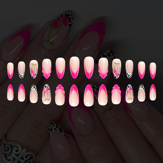 Charming Summer Vibes Long Almond Pink Ombre Press-On Nail Set with Floral and Animal Print Accents