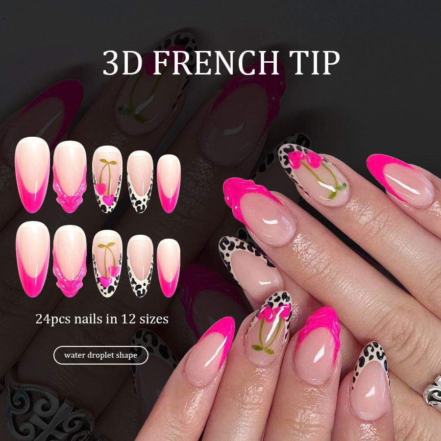 Tropical Oasis Long Almond Water Droplet Shaped Pink and Leopard Print Press On Nail Set with 3D Floral Accent