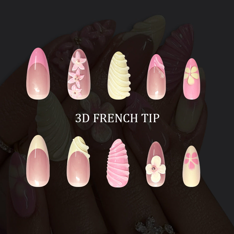 Floral Dream Long Almond Pink Press On Nail Set with Three Dimensional Designs