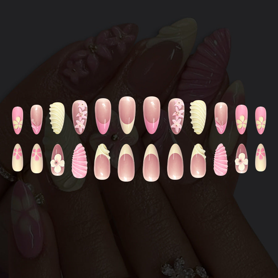 Whimsical Blossom Dream Long Almond Pink and Cream Floral Press On Nail Set with Unique Shell Designs