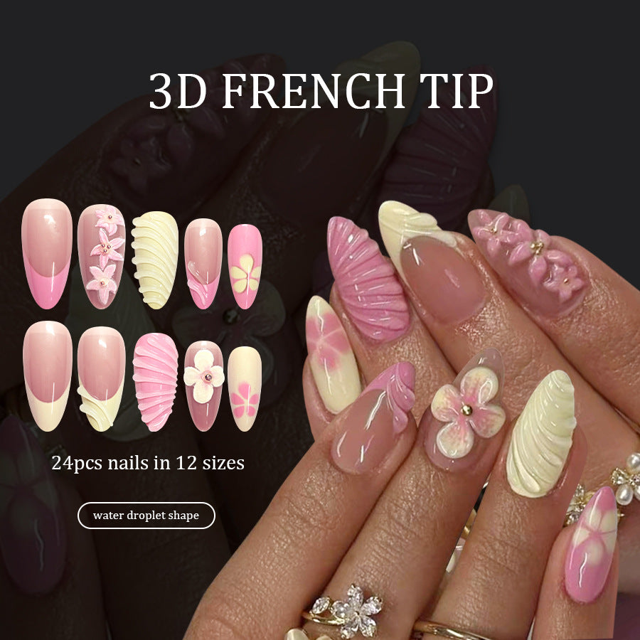 Enchanting Blossom DelightLong Almond Water Droplet Shape Long Pink and Cream Nails with Intricate Floral and Shell Design