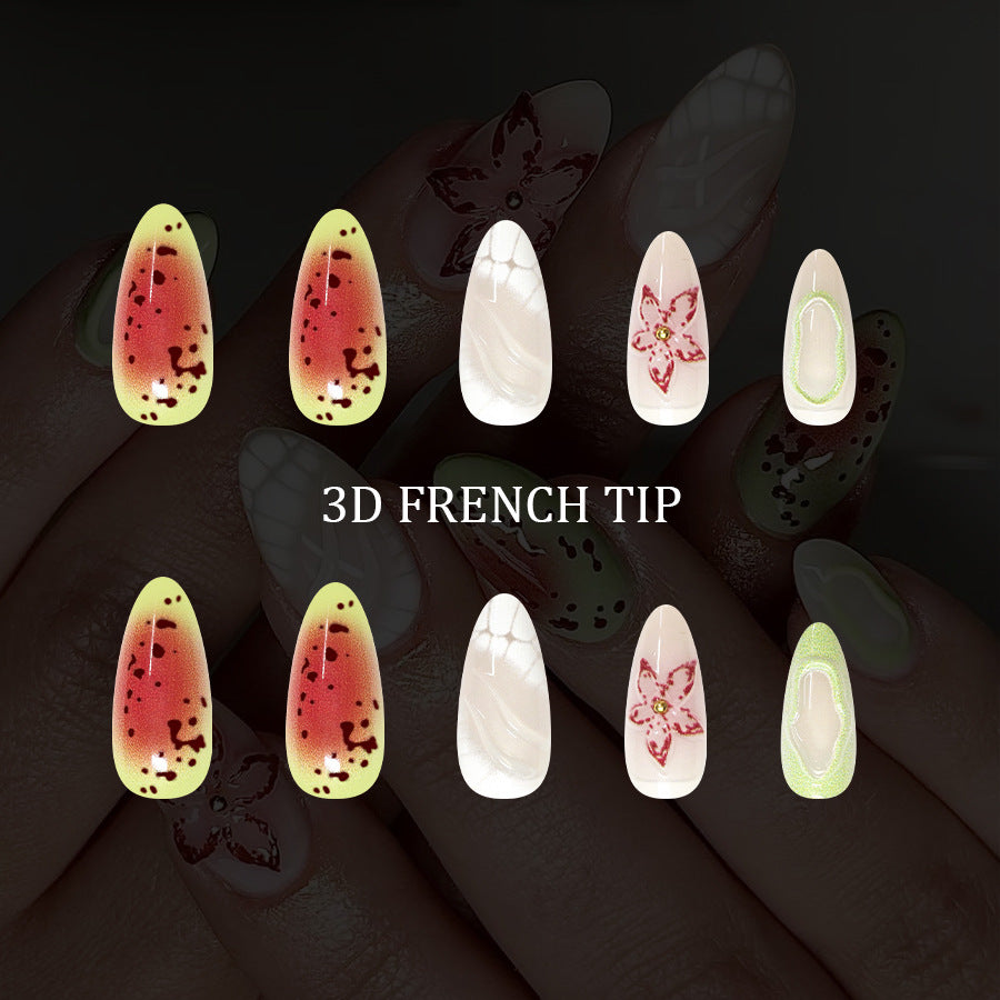 Delicate Garden Inspired Long Almond Green and Red Ombre Nails with Artistic Floral Design