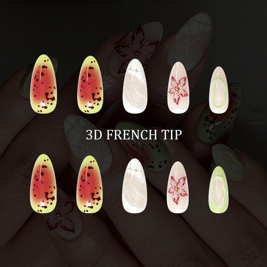 Delicate Garden Inspired Long Almond Green and Red Ombre Nails with Artistic Floral Design