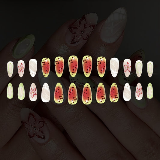 Tropical Vibes Elegant Long Almond Shaped Ombre Red and Green Floral Press On Nail Set